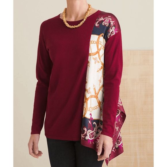 Chicos NWT Scarf-Trim Sweater Maroon Silk Like Blouse, Sz 1 (Medium), MSRP $109 - Picture 7 of 11